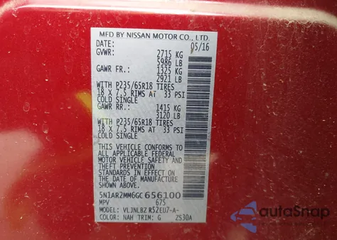 2016 Nissan Pathfinder Platinum/S/Sl/Sv z USA, uszkodzony, nr VIN 5N1AR2MM6GC656100